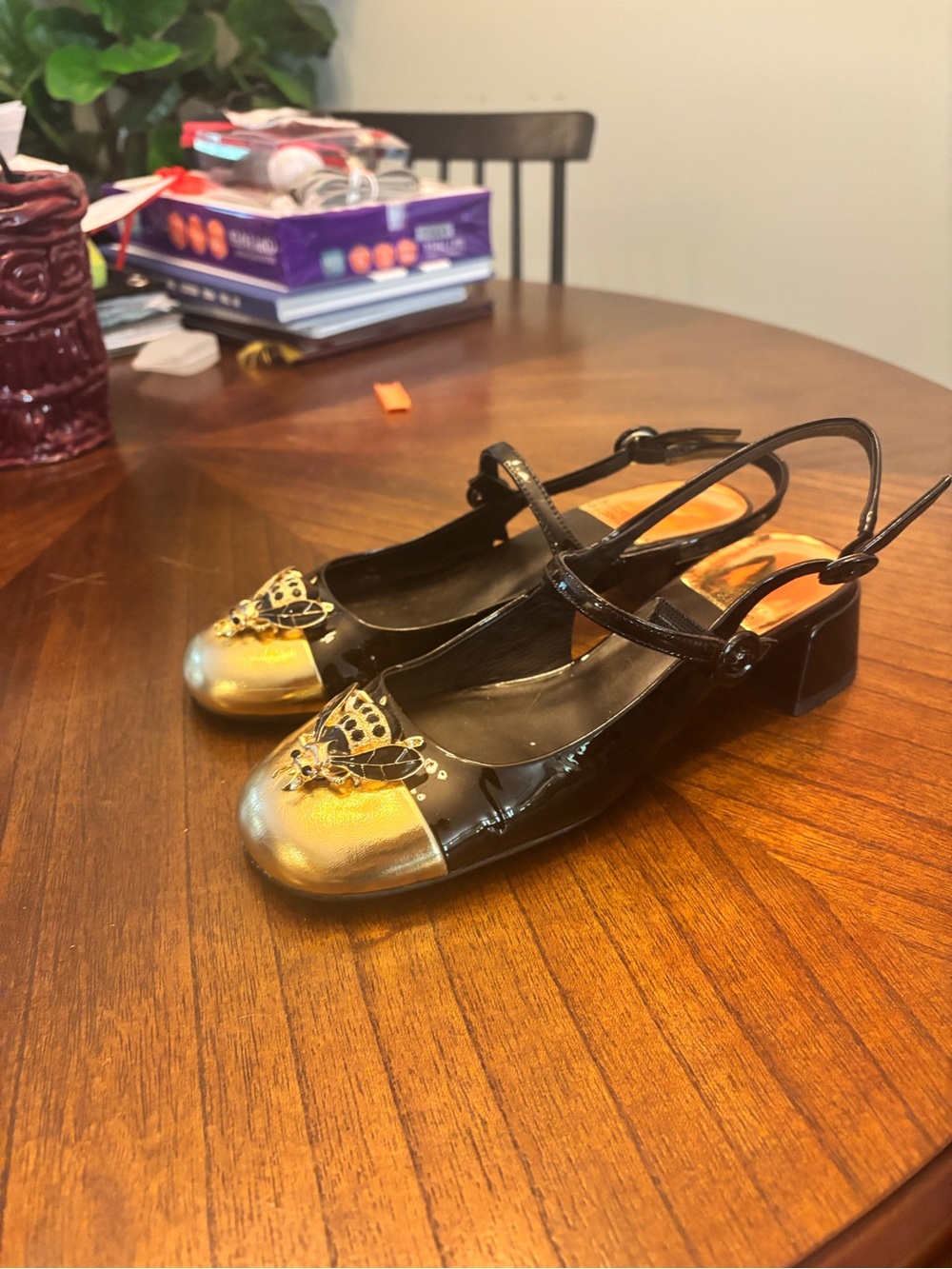 Jeffrey Campbell Black and Gold Women's Slingback Flats with Bee Accent - Picture 3 of 5